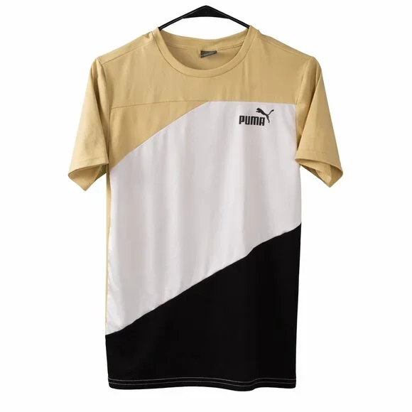PUMA Boys T-Shirt Large 14-16 Tan White Black Colorblock Performance Tee - Picture 3 of 5